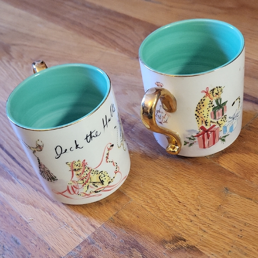2 New Anthropologie Holiday Leopard Mugs with Gold Handles